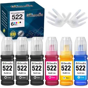 GILIMEDIA T522 522 Ink Refill Bottles (6 Pack) Replacements for 522 Ink Refill Bottles Compatible with EcoTank ET-2720 ET-2800 ET-2803 ET-2840 ET-4700 ET-4800 ET-4810 Printer