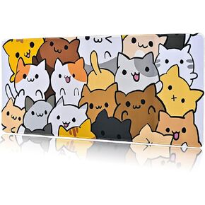 Cartoon Cat Gaming Mouse Pad Large Desk Mat XXL Mousepad Big Extended Waterproof Keyboard Pads with Non-Slip Rubber Base and Stitched Edge for Computer Game Players Office Home Study 31.5x11.8 Inch