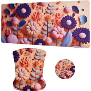 MEGREZ 3 PCS Ergonomic Mouse Pad with Wrist Rest Support + Large Gaming Mouse Mat with Cup Pad, Extended Mouse Pad for Gaming Home & Office, Wrist Rest Mouse Pad Relieve Pain, Tropical Leaves