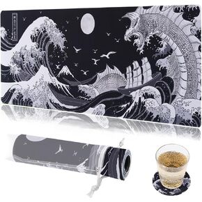 Black and White Japanese Kanagawa Painting Mouse Pad (Bouns: coaster+Bag) 31.5x11.8 Inch 3mm Thick Extended Gaming Mousepad Non-Slip Water-Proof Keyboard Pad for Study, Gaming, Office at Home