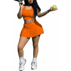 Casual Outfits Athletic Activewear - Womens Crop Tank Tops High Waist Pleated Bodycon Skorts Set Training Clothing