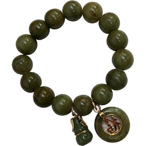 Natural Stone Green Real Bracelets with Lucky Coin and Gourd To Prosperity for Women Charms Luck Success Promote Love Wealth Prosperity Bringing Beauty for chubby people 6.75inch Jewelry Fashion