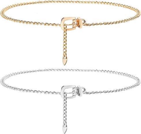 حزام سلسلة واسط للنساء: 2 قطعة حزام معدني مكتنز حزام سلسلة فضي ذهبي لفستان الجينز in Kuwait