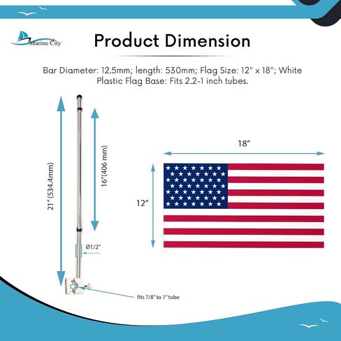 MARINE CITY 304 Stainless Steel Rail Mounted Pole Base Bright Polished Finish Flag Rod Staff and White Plastic Flag Pole Base and 12 x 18 Inches US Flag for Boats – Yachts – Marines (Pack of 1) in Saudi Arabia