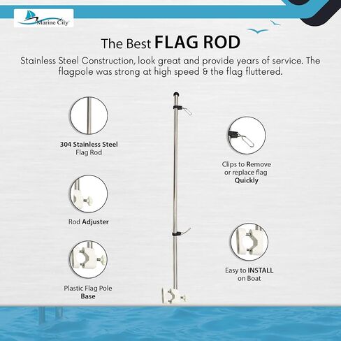 MARINE CITY 304 Stainless Steel Rail Mounted Pole Base Bright Polished Finish Flag Rod Staff and White Plastic Flag Pole Base and 12 x 18 Inches US Flag for Boats – Yachts – Marines (Pack of 1) in Saudi Arabia