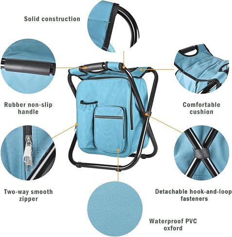 Kikerike Backpack Stool Cooler Chair Heavy Duty 300 LBS Max Load Portable Lightweight Folding Fishing Cooler for Camping Hunting Fishing - Black in Kuwait