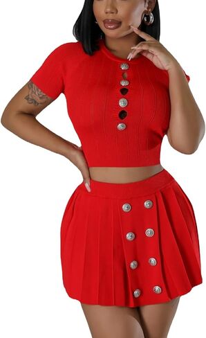 Women's Short Sleeve Button Down top Sexy Tight Mini Pleated Casual Cropped Dress Knitted Stretch Suit in Saudi Arabia