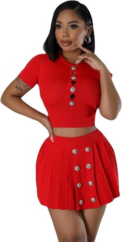 Women's Short Sleeve Button Down top Sexy Tight Mini Pleated Casual Cropped Dress Knitted Stretch Suit in Saudi Arabia