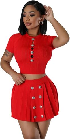 Women's Short Sleeve Button Down top Sexy Tight Mini Pleated Casual Cropped Dress Knitted Stretch Suit in Saudi Arabia