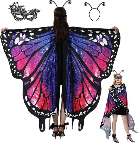 DawnHope Butterfly Wings for Women, Halloween Costume Adults Fairy Wings Ladies Cape with Mask and Antenna Headband in Saudi Arabia