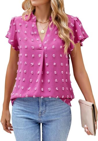 MIRALUNA Womens Tops Dressy Casual Blouses Summer Chiffon Tops Short Sleeve Blouses V Neck Dressy Swiss Dot Tops for Women in Saudi Arabia