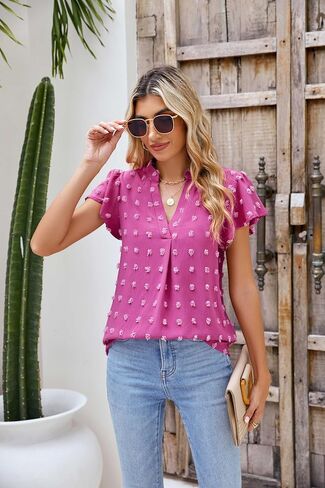 MIRALUNA Womens Tops Dressy Casual Blouses Summer Chiffon Tops Short Sleeve Blouses V Neck Dressy Swiss Dot Tops for Women in Saudi Arabia