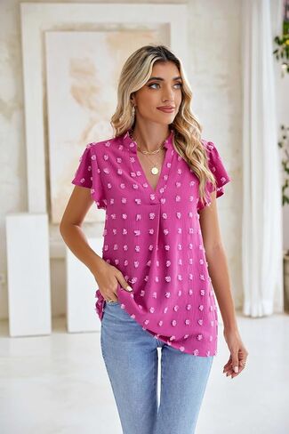 MIRALUNA Womens Tops Dressy Casual Blouses Summer Chiffon Tops Short Sleeve Blouses V Neck Dressy Swiss Dot Tops for Women in Saudi Arabia