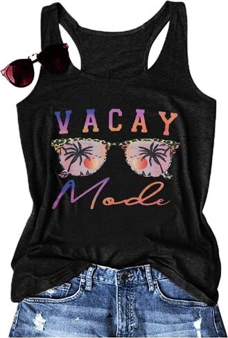Vacay Mode Tank Top Women النظارات الشمسية الشاطئ Racerback الدبابات هاواي الصيف بلا أكمام عارضة المحملة قميص in Kuwait
