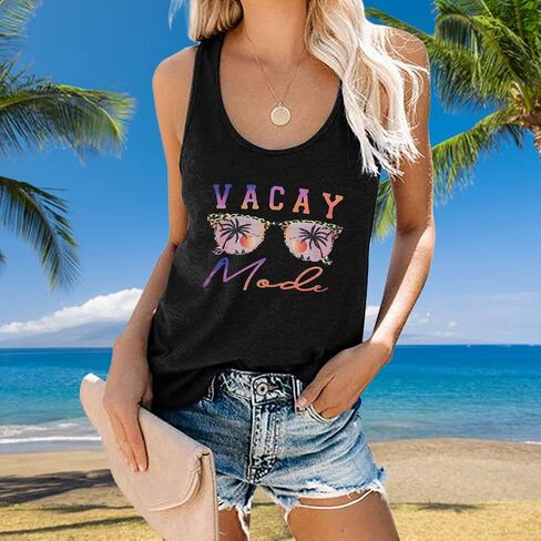 Vacay Mode Tank Top Women النظارات الشمسية الشاطئ Racerback الدبابات هاواي الصيف بلا أكمام عارضة المحملة قميص in Kuwait