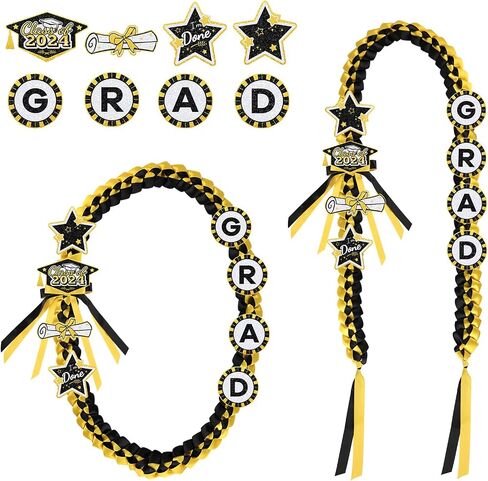 Graduation Lei, with 8 Decorations Pins Braided Graduation Necklace Garland Ribbon Lei for Grad Class of 2024 Him Her High School College Graduation Party Ceremony Gift (Blue Gold) in Saudi Arabia