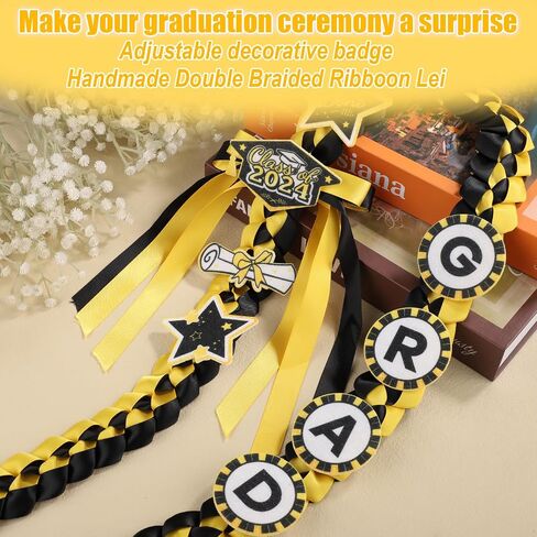 Graduation Lei, with 8 Decorations Pins Braided Graduation Necklace Garland Ribbon Lei for Grad Class of 2024 Him Her High School College Graduation Party Ceremony Gift (Blue Gold) in Saudi Arabia