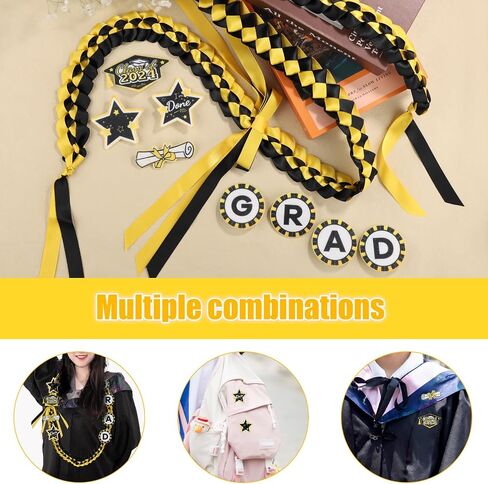 Graduation Lei, with 8 Decorations Pins Braided Graduation Necklace Garland Ribbon Lei for Grad Class of 2024 Him Her High School College Graduation Party Ceremony Gift (Blue Gold) in Saudi Arabia