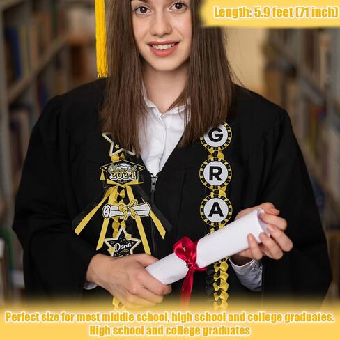 Graduation Lei, with 8 Decorations Pins Braided Graduation Necklace Garland Ribbon Lei for Grad Class of 2024 Him Her High School College Graduation Party Ceremony Gift (Blue Gold) in Saudi Arabia