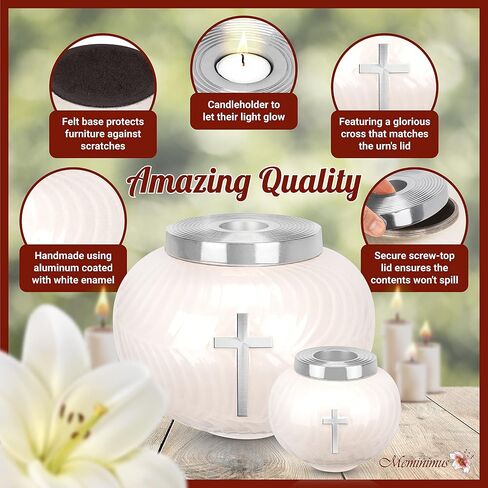 Urns for Human Ashes Adult Female or Adult Male - Cremation Urns for Adult Ashes up to 60 Cubic Inches, Aluminum Ashes Urn with Cross Design, Burial Urn & Funeral Urn - Small, White & Gold in Saudi Arabia