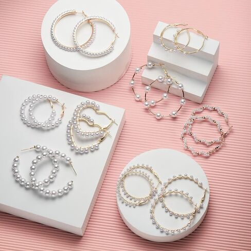 Faux Pearl Hoop Earrings for Women Lightweight Open Large Circle Heart Dangle Drop Open Huge Earrings Artificial Pearl Beaded Earrings Brides Jewelry in Saudi Arabia
