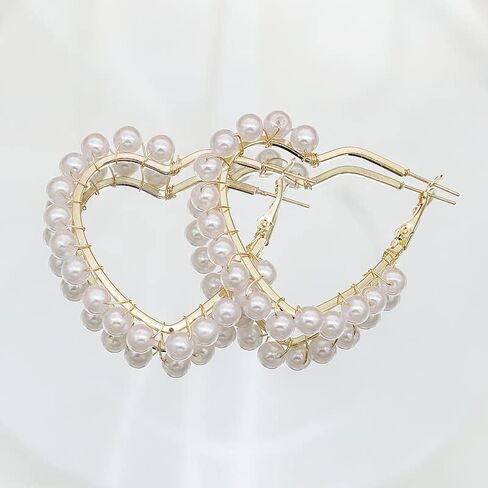 Faux Pearl Hoop Earrings for Women Lightweight Open Large Circle Heart Dangle Drop Open Huge Earrings Artificial Pearl Beaded Earrings Brides Jewelry in Saudi Arabia