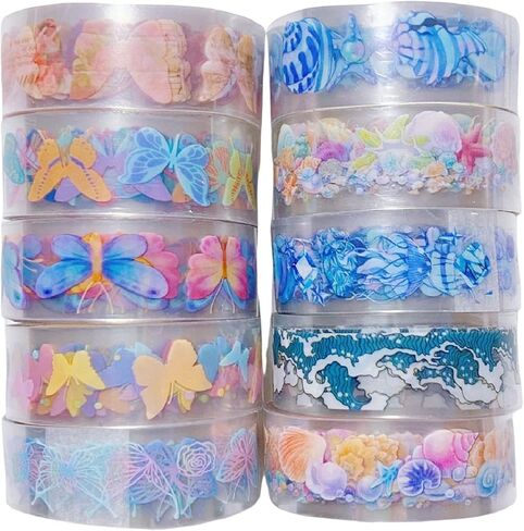 10 Rolls Transparent Butterfly and Galaxy Pattern Washi Masking Tape Set, Waterproof Self-Adhesive Clear Journal Tape with Box for DIY, Arts, Crafts, Planners, Wrapping, Scrapbook, Bullet Journaling in Saudi Arabia