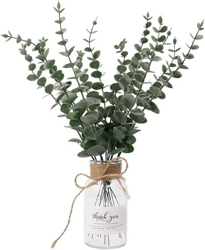 Artificial Eucalyptus Stems Home Decor Artificial Fake Plants Faux Greenery Leaves for Decoration 12 Pcs Artificial Eucalyptus Leaves with Glass Vase (Natural Green) in Saudi Arabia
