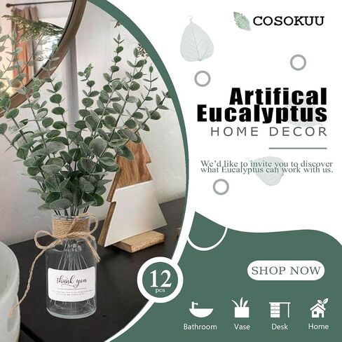 Artificial Eucalyptus Stems Home Decor Artificial Fake Plants Faux Greenery Leaves for Decoration 12 Pcs Artificial Eucalyptus Leaves with Glass Vase (Natural Green) in Saudi Arabia