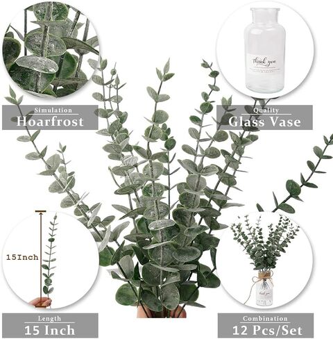 Artificial Eucalyptus Stems Home Decor Artificial Fake Plants Faux Greenery Leaves for Decoration 12 Pcs Artificial Eucalyptus Leaves with Glass Vase (Natural Green) in Saudi Arabia
