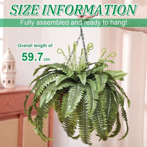 Hanaive 2 Pcs Fully Assembled Artificial Fern Hanging Basket 23.5'' L Artificial Ferns Outdoors Artificial Boston Fern Bush for House Office Garden Indoor Outdoor Decor Arrangement in Saudi Arabia