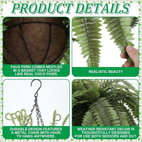 Hanaive 2 Pcs Fully Assembled Artificial Fern Hanging Basket 23.5'' L Artificial Ferns Outdoors Artificial Boston Fern Bush for House Office Garden Indoor Outdoor Decor Arrangement in Saudi Arabia