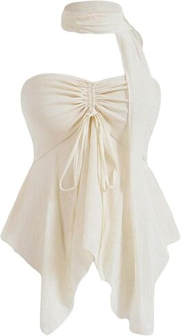GORGLITTER Women's Strapless Drawstring Ruffle Hem Tube Top Sleeveless Backless Peplum Bandeau Tops with Scarf in Saudi Arabia