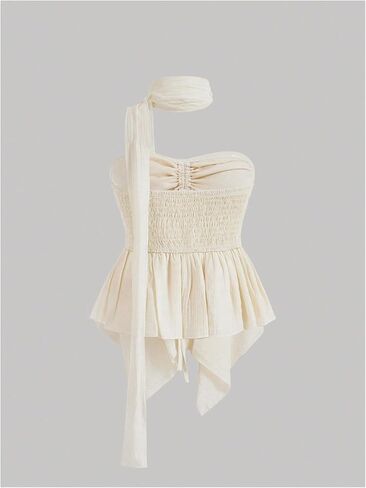 GORGLITTER Women's Strapless Drawstring Ruffle Hem Tube Top Sleeveless Backless Peplum Bandeau Tops with Scarf in Saudi Arabia
