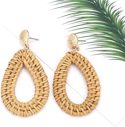Rattan Hoop Earrings Woven Handmade Straw Circle Drop Earrings Hammered Disc Stud Wicker Bohemian Lightweight Earrings for women in Kuwait