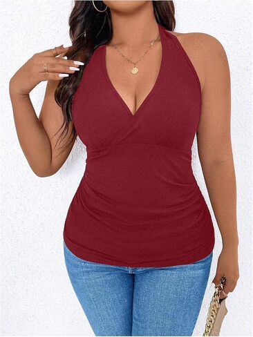 SOLY HUX Women's Plus Size Tops Sleeveless Wrap V Neck Halter Tie Backless Tank Top in Saudi Arabia