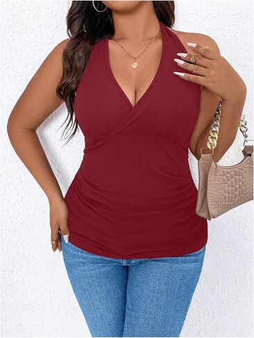 SOLY HUX Women's Plus Size Tops Sleeveless Wrap V Neck Halter Tie Backless Tank Top in Saudi Arabia