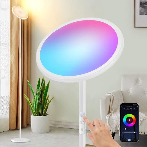 مصباح أرضي أبيض، مصابيح أرضية RGB تعمل مع Alexa Google Home، مصابيح Torchiere الدائمة الطويلة الحديثة WiFi، مصباح أرضي LED ساطع وخافت للسماء، مصباح عمود متغير اللون لغرفة المعيشة وغرفة النوم والمكتب in Kuwait