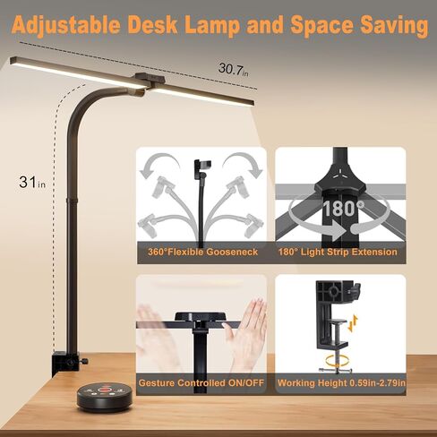 LED Desk Lamp for Office Home, Eye Caring Architect Desk Light with Clamp & Remote Control, Double Head 24W Bright Gooseneck Table Lamp for Dual Screen Computer Monitor Office Lighting Reading Study in Saudi Arabia