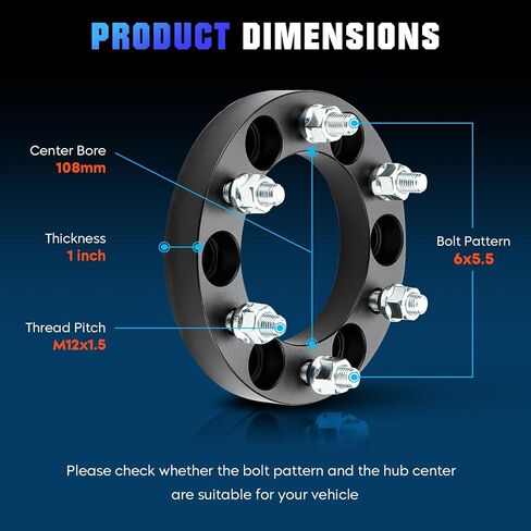 Youxmoto 6x5.5 1'' Wheel Adapters Spacers Fit for Chevrolet Colorado 2004-2014, Fit for Dodge Ram 50 D50, Fit for Ford Ranger 2013-2022, Fit for GMC Canyon 2004-2012 with M12x1.5 Studs in Saudi Arabia