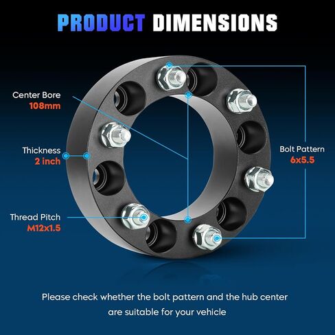 Youxmoto 6x5.5 1'' Wheel Adapters Spacers Fit for Chevrolet Colorado 2004-2014, Fit for Dodge Ram 50 D50, Fit for Ford Ranger 2013-2022, Fit for GMC Canyon 2004-2012 with M12x1.5 Studs in Saudi Arabia