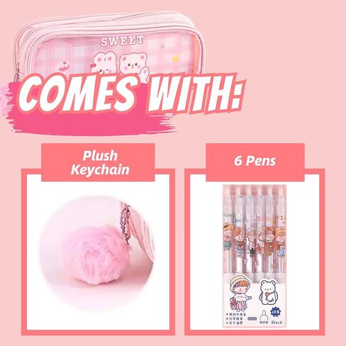 Pencil Pouch Clear 3-Tier Large Capacity Cute Print Animal Easy Clean + 6 Pens & Plush Keychain (Beige) in Saudi Arabia