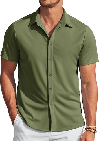 COOFANDY Mens Wrinkle Free Button Down Shirts Short Sleeve Regular Fit Beach Tops Army Green in Saudi Arabia
