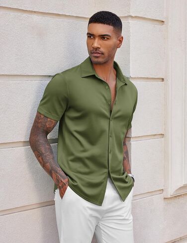 COOFANDY Mens Wrinkle Free Button Down Shirts Short Sleeve Regular Fit Beach Tops Army Green in Saudi Arabia
