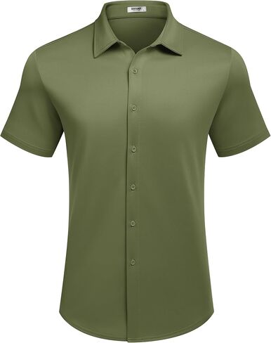 COOFANDY Mens Wrinkle Free Button Down Shirts Short Sleeve Regular Fit Beach Tops Army Green in Saudi Arabia
