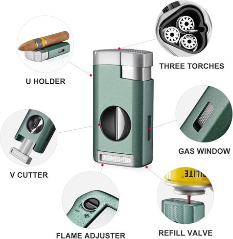 Cigar Lighter, Triple Jet Flame Torch Lighter with Cigar Cutter V Cut, Cigar Accessories Cigar Holder, Windproof Refillable Butane Lighters for Smoking with Gift Box (Black) in Saudi Arabia