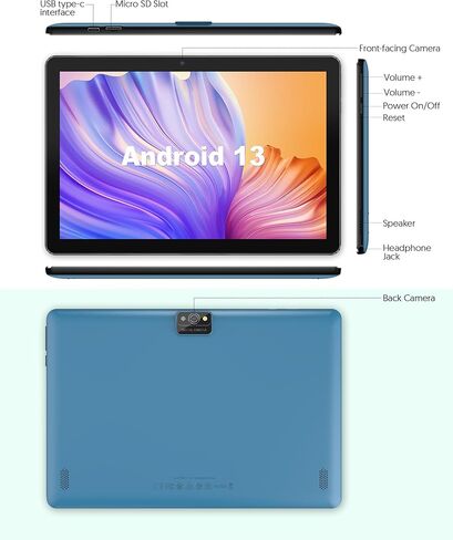 BAKEN 10.1 inch Tablet Android 13 Tablets, 7GB+64GB 1TB Expand, 6000mAh Battery, 2.4G+5G Wi-Fi 6, Quad-Core Processor, 2MP+8MP Dual Camera, Bluetooth, 1280 * 800 FHD IPS Android Tablet (Blue) in Kuwait