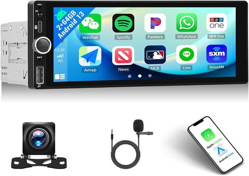 [2+64G] Single Din Android 13 Car Stereo with Wireless Apple Carplay Android Auto,6.86 Inch IPS Touchscreen Car Radio with WiFi,GPS Navigation,Bluetooth,FM/RDS,SWC,Dual USB/AUX-in +AHD Backup Camera in Saudi Arabia