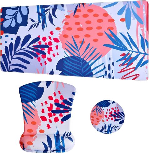 MEGREZ 3 قطع لوحة ماوس مريحة مع دعم مسند المعصم + حصيرة ماوس ألعاب كبيرة مع وسادة أكواب، لوحة ماوس ممتدة للألعاب في المنزل والمكتب، وسادة ماوس مسند للمعصم تخفف الألم، أوراق استوائية in Kuwait