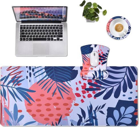 MEGREZ 3 قطع لوحة ماوس مريحة مع دعم مسند المعصم + حصيرة ماوس ألعاب كبيرة مع وسادة أكواب، لوحة ماوس ممتدة للألعاب في المنزل والمكتب، وسادة ماوس مسند للمعصم تخفف الألم، أوراق استوائية in Kuwait